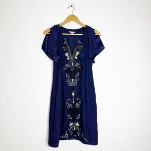 Lilly Pulitzer Navy Embroidered Silk Spit Sleeve Dress Size Small